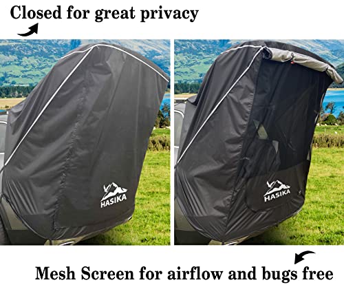 Two pictures of a HASIKA Tailgate Shade Awning Tent for Car Camping Road Trip Essentials Midsize to Full Size SUV Van Waterproof 3000MM UPF 50+ Black (Large) on a car.