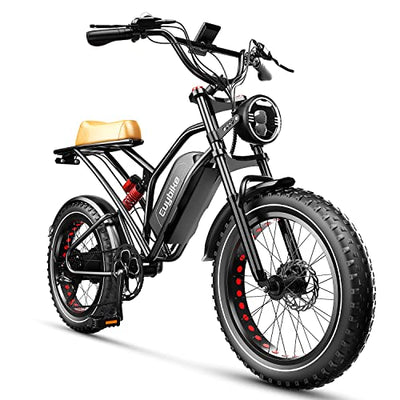 An EUY Fat Tire Electric Bike 1000W 30 to 50 Mile Range 30 Mph with a yellow seat on a white background.