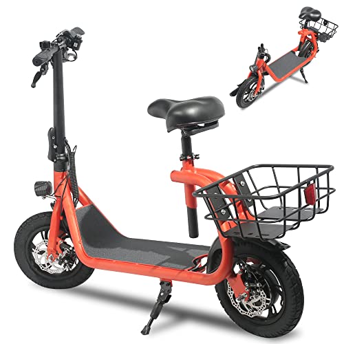 A Sehomy 2 Wheel Electric Folding Scooter with Seat 450W, 20 Mile Range, 15.5 Mph, with a basket.