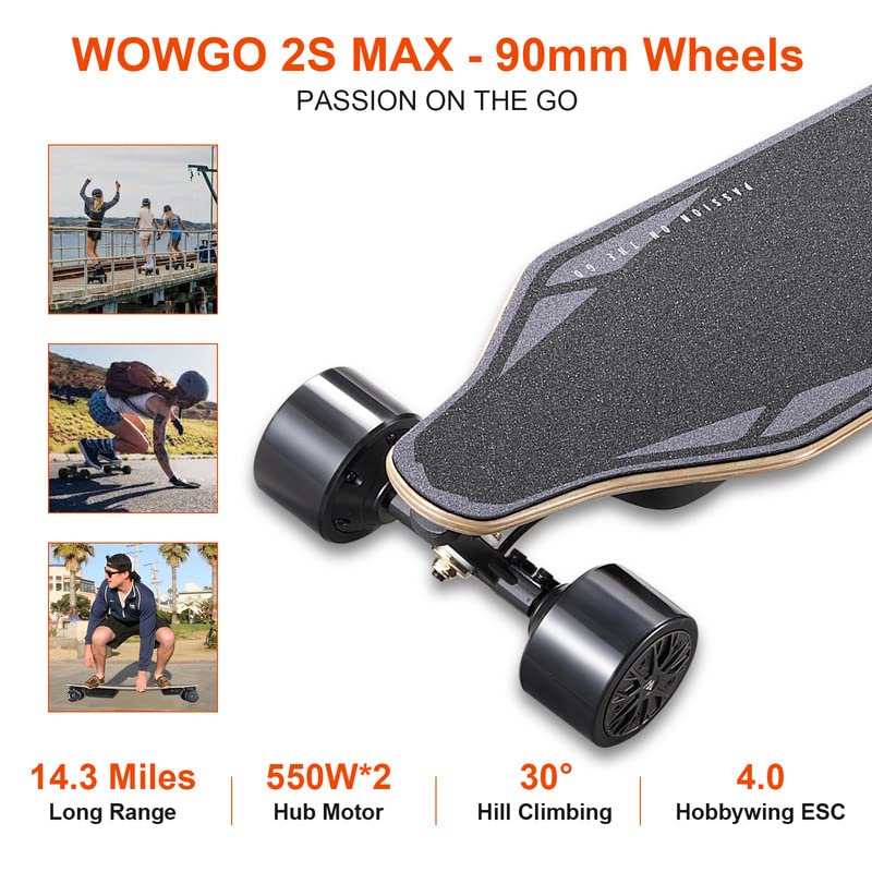 a picture of a WOWGO Electric Skateboard with Top Speed 29MPH Dual 550W Motors E Longboard for Beginners Adults Commute Trip, with 90mm Wheels and a range of 14.3 Miles.