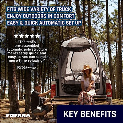 A man and woman sitting in the back of a Fofana Truck Bed Tent Quick Easy Automatic Setup.