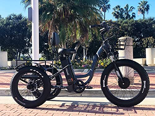 Emojo Caddy Pro Electric Trike 500W Motor 20 MPH 35-Mile Range Side View of Step-thru Fat Tire Trike for Adults