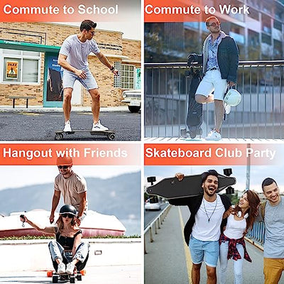 four pictures of WOWGO Electric Skateboards with Top Speed 29MPH Dual 550W Motors E Longboard for Beginners Adults Commute Trip, 90mm Wheels Skateboards with 14.3 Miles Long Range Max Load 330 LBS-2S MAX and people riding them