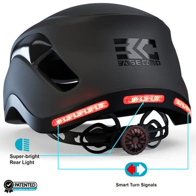 A close up of a Base Camp SF-999 Smart Bike Helmet with Bluetooth Speakers.
